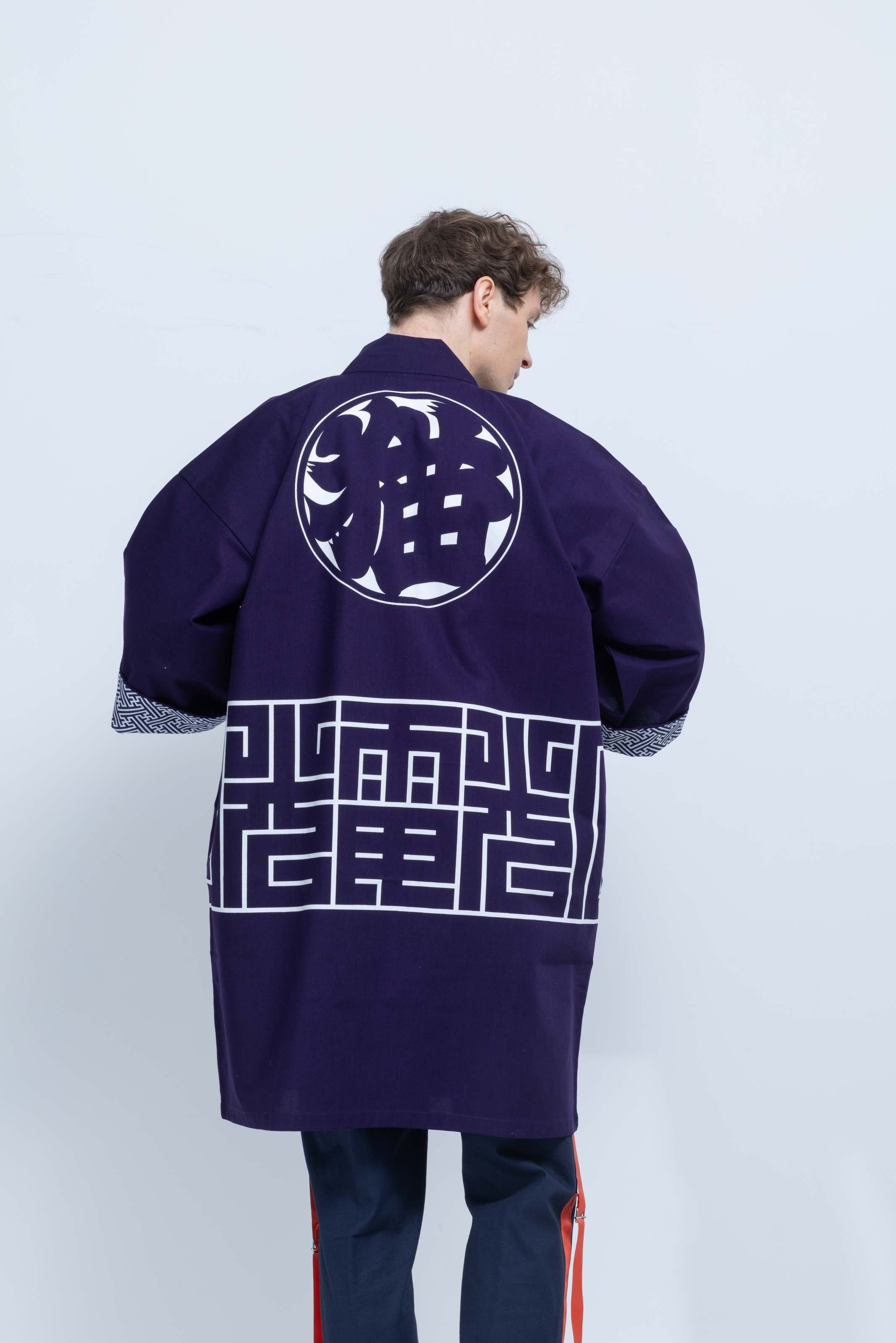 CAT -LIGHTNING SPEED- SHIRUSHI-ZOME HANTEN JACKET/ MURASAKI / 猫 -電光石火- 印染半纏