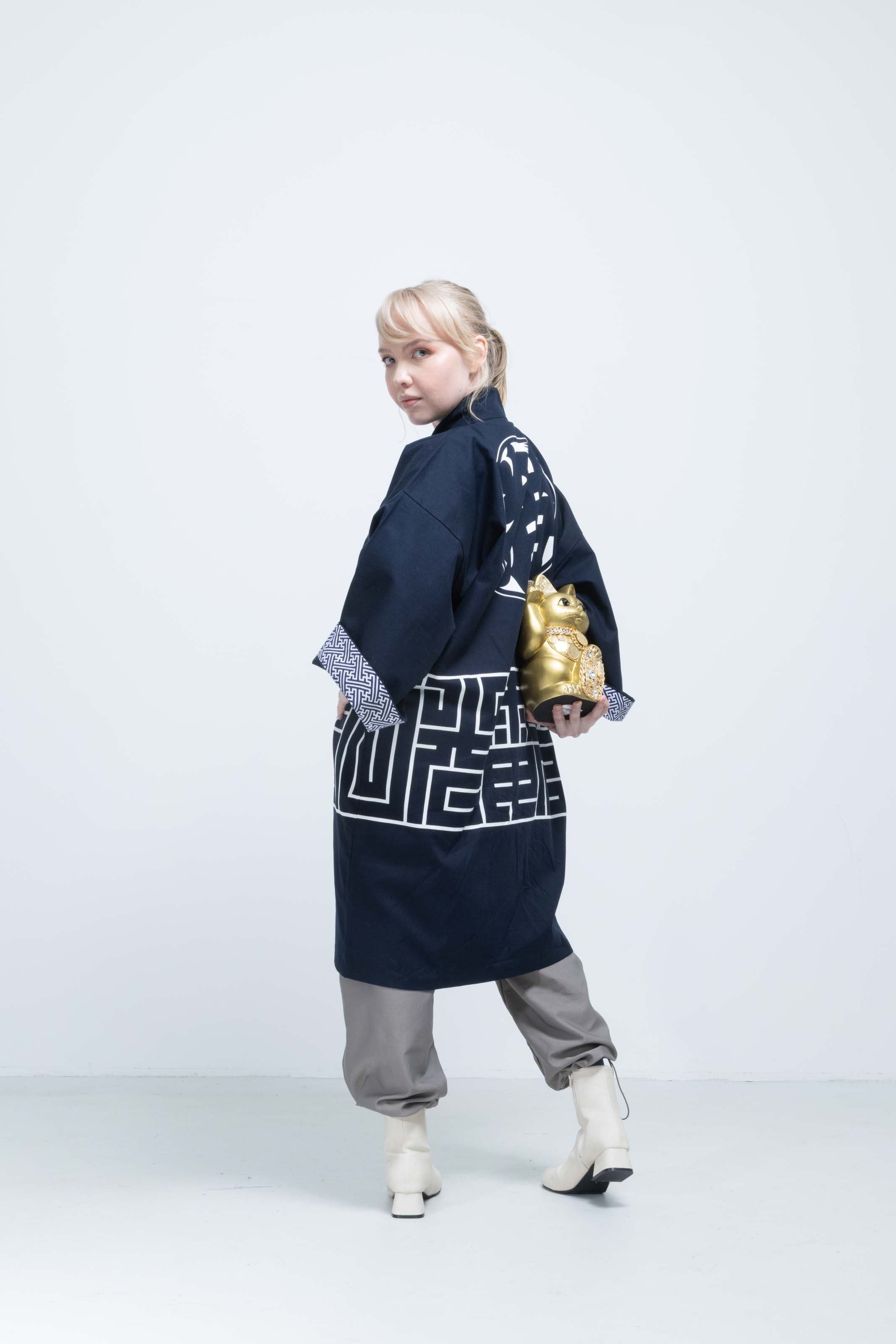 CAT -LIGHTNING SPEED- SHIRUSHI-ZOME HANTEN JACKET / KON / 猫 -電光石火- 印染半纏