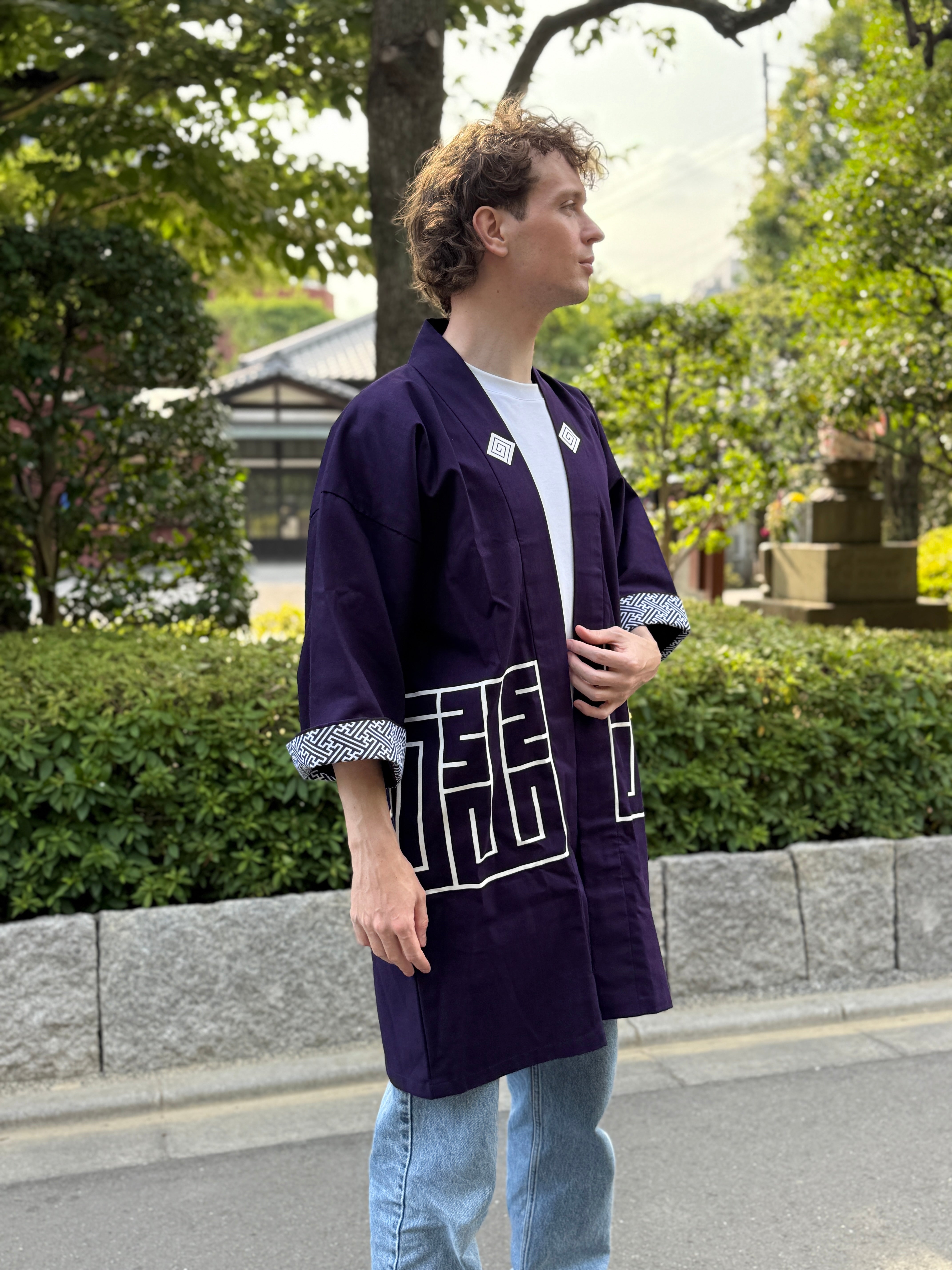 CAT -LIGHTNING SPEED- SHIRUSHI-ZOME HANTEN JACKET/ MURASAKI / 猫 -電光石火- 印染半纏