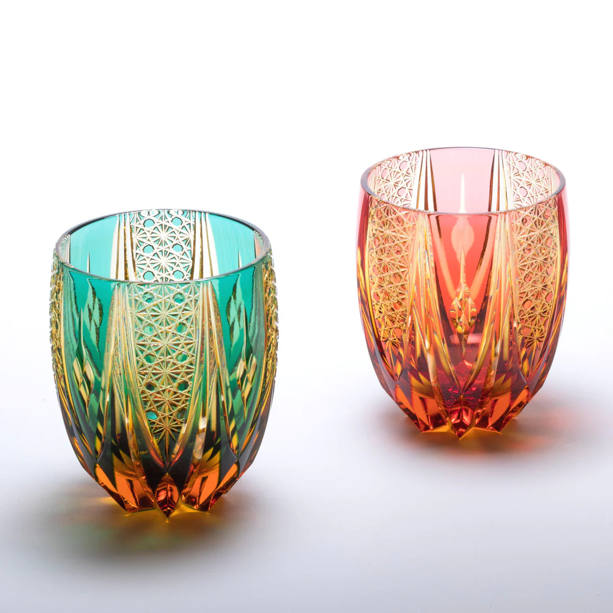 [SANKI ZAKKA SELECT] Taro Yoshikawa – Chrysanthemum and Basket Weave Pattern Tumbler – Green Amber