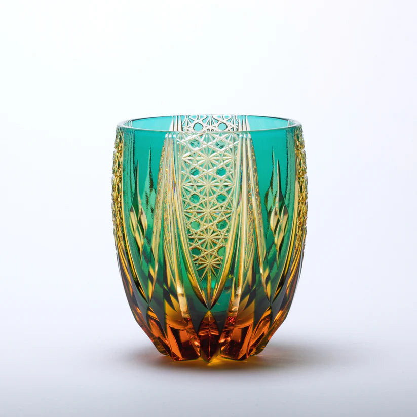 [SANKI ZAKKA SELECT] Taro Yoshikawa – Chrysanthemum and Basket Weave Pattern Tumbler – Green Amber