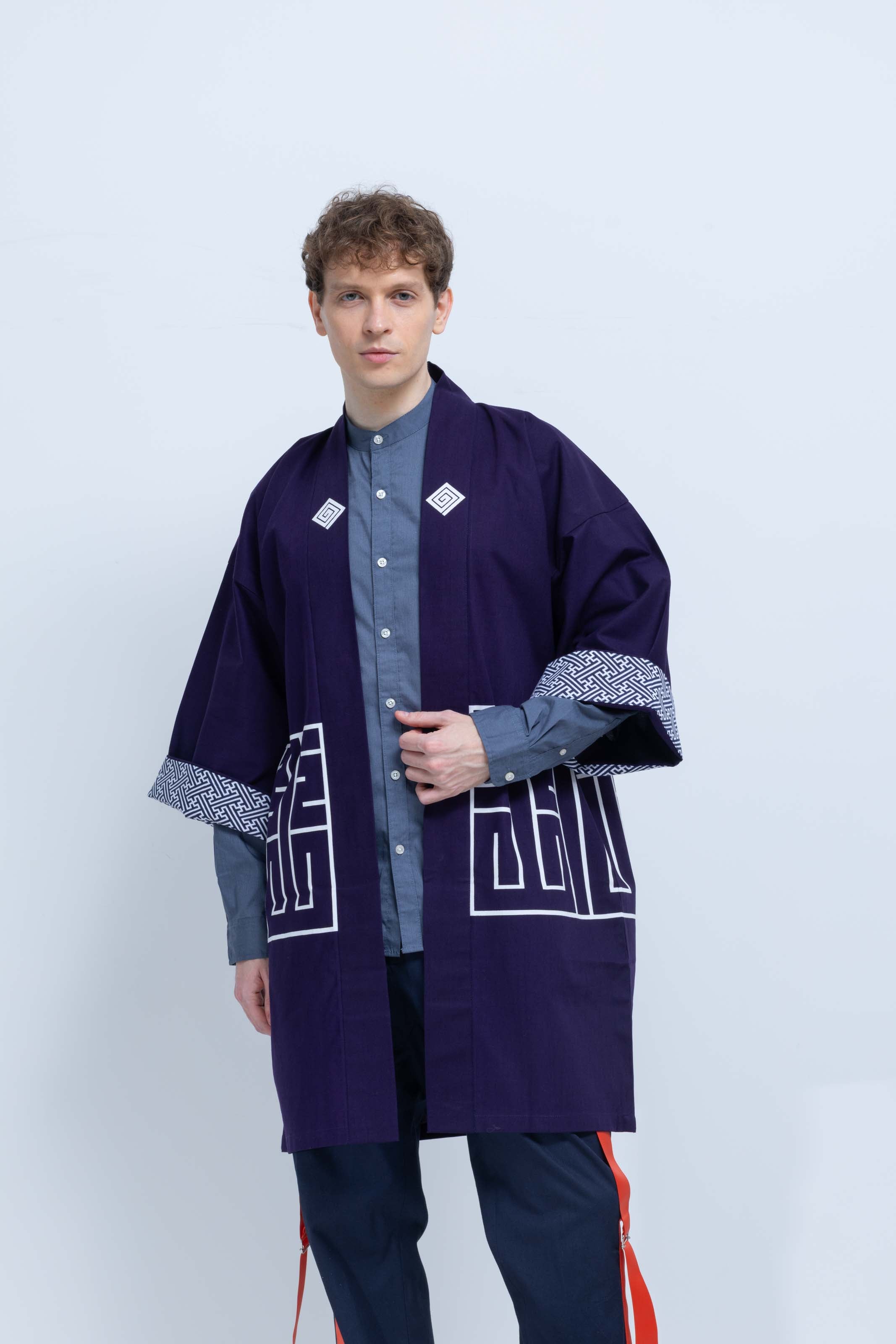 CAT -LIGHTNING SPEED- SHIRUSHI-ZOME HANTEN JACKET/ MURASAKI / 猫 -電光石火- 印染半纏