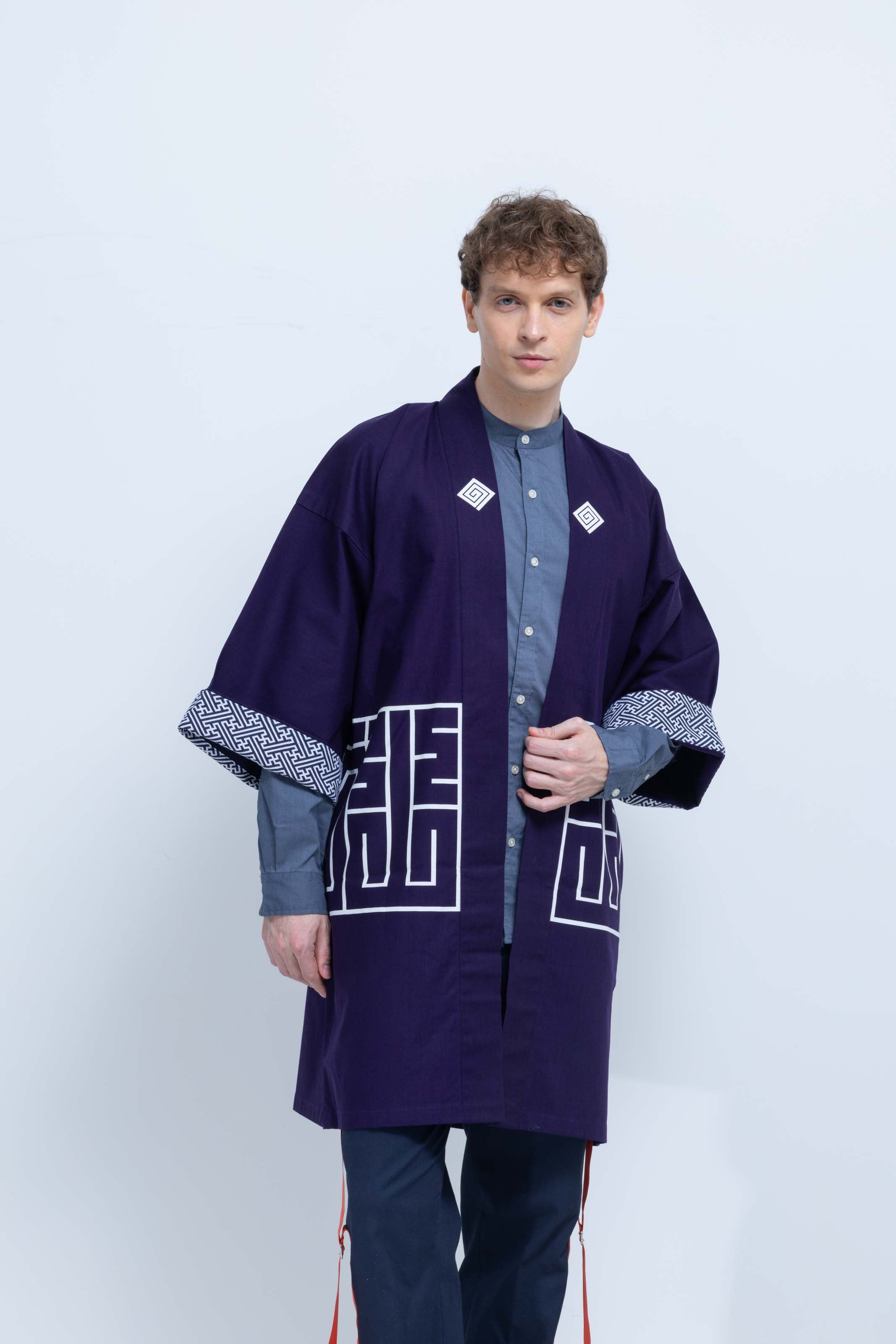 CAT -LIGHTNING SPEED- SHIRUSHI-ZOME HANTEN JACKET/ MURASAKI / 猫 -電光石火- 印染半纏
