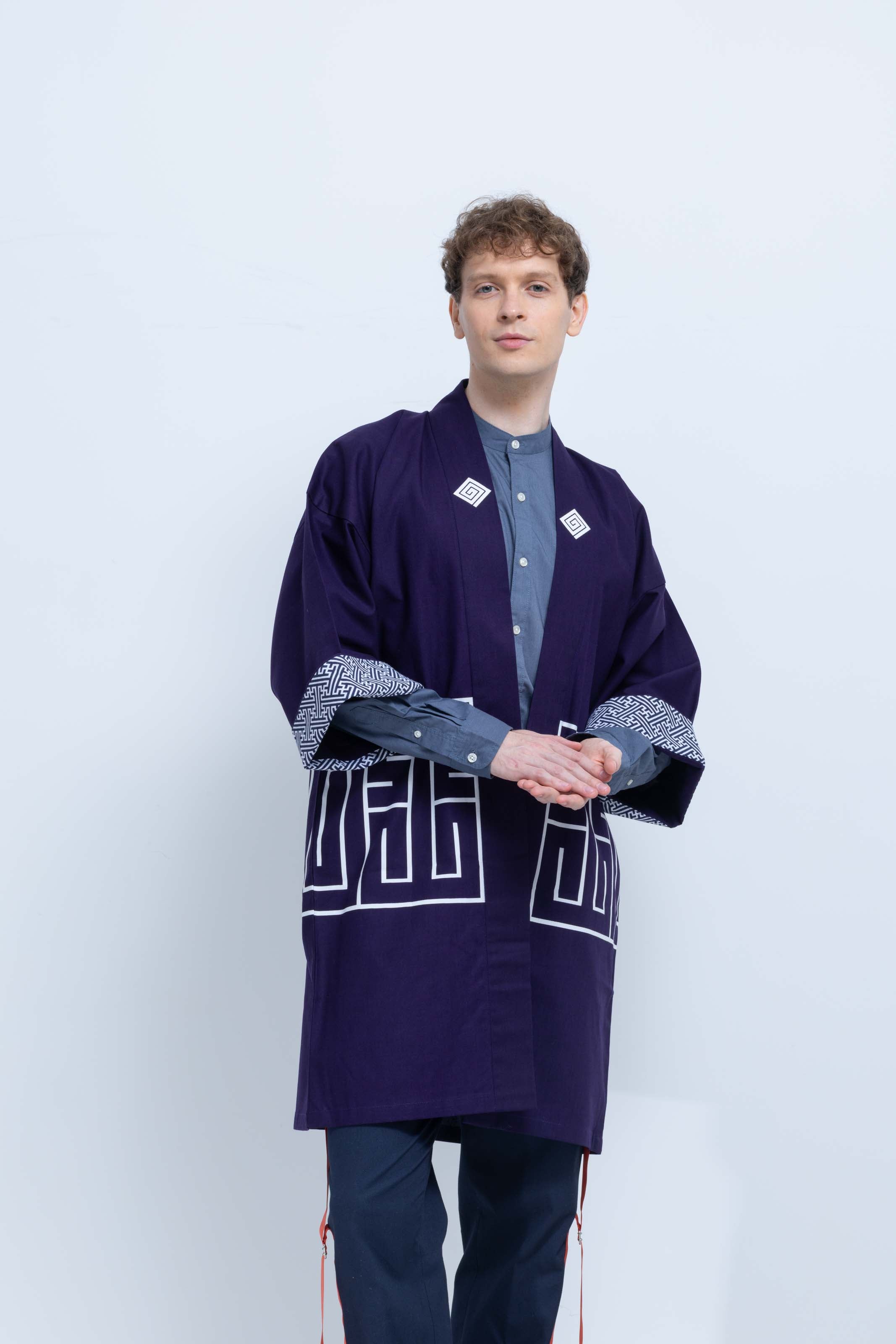 CAT -LIGHTNING SPEED- SHIRUSHI-ZOME HANTEN JACKET/ MURASAKI / 猫 -電光石火- 印染半纏