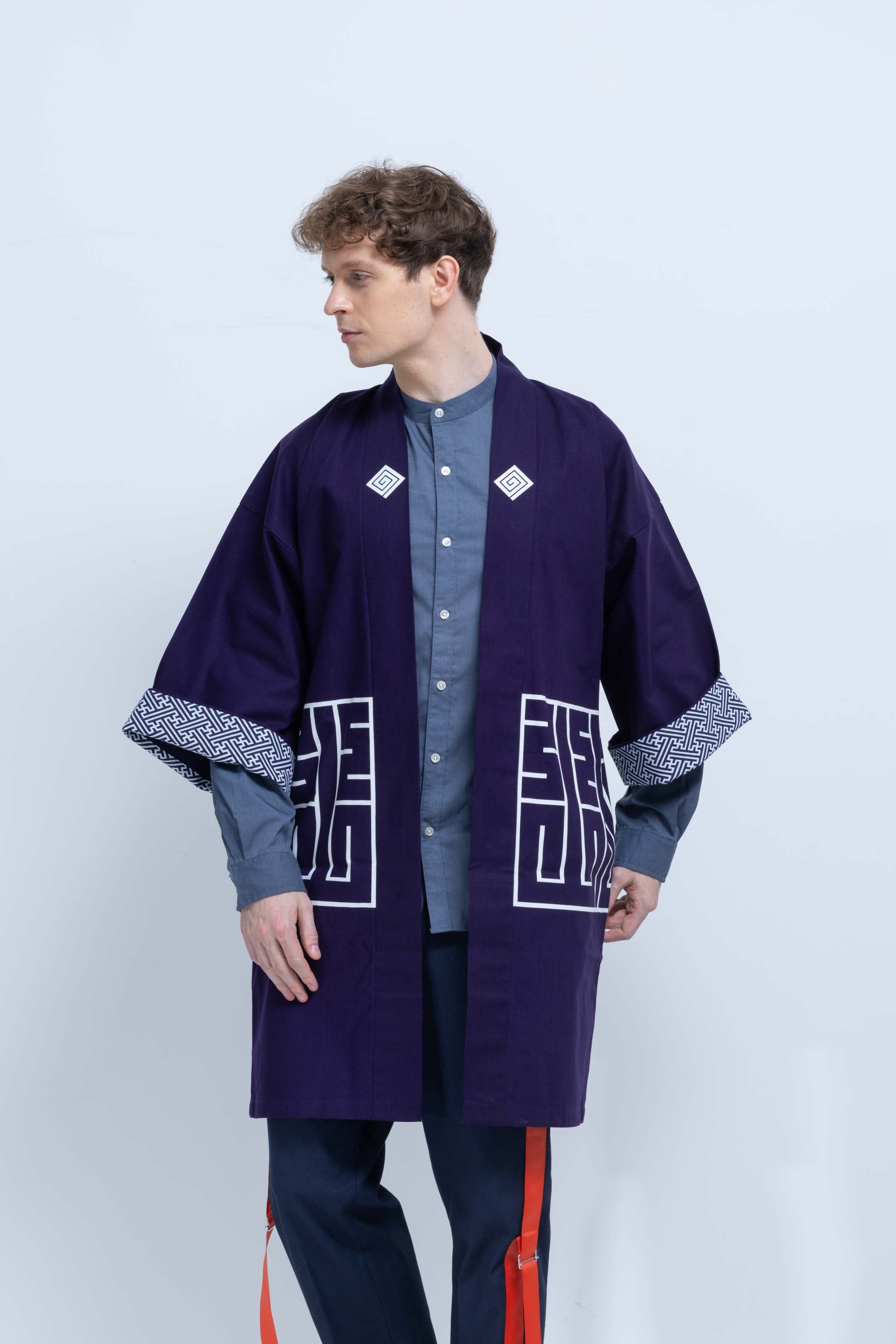 CAT -LIGHTNING SPEED- SHIRUSHI-ZOME HANTEN JACKET/ MURASAKI / 猫 -電光石火- 印染半纏