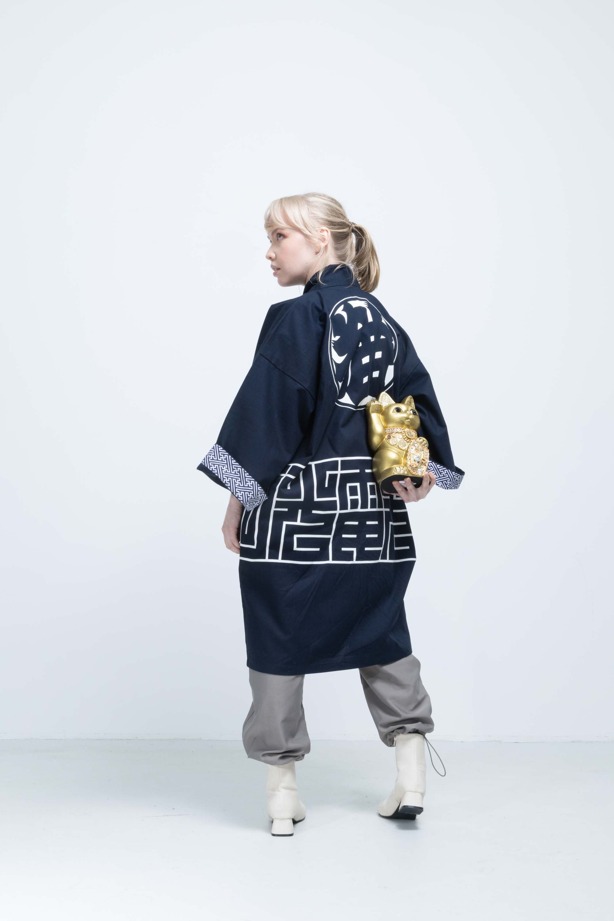 CAT -LIGHTNING SPEED- SHIRUSHI-ZOME HANTEN JACKET / KON / 猫 -電光石火- 印染半纏